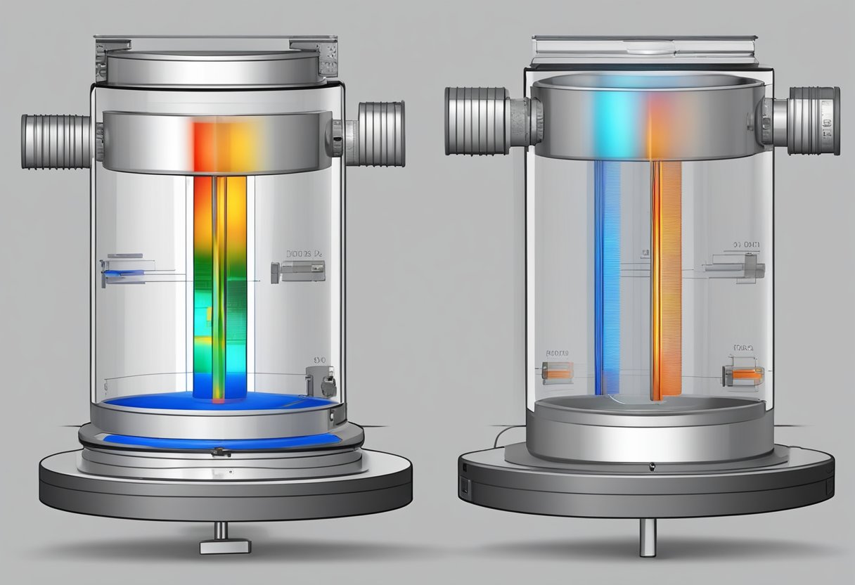 A heat flow meter is placed on a flat surface. Heat is applied to one side while the other side remains at a constant temperature. Sensors measure the heat flow through the material