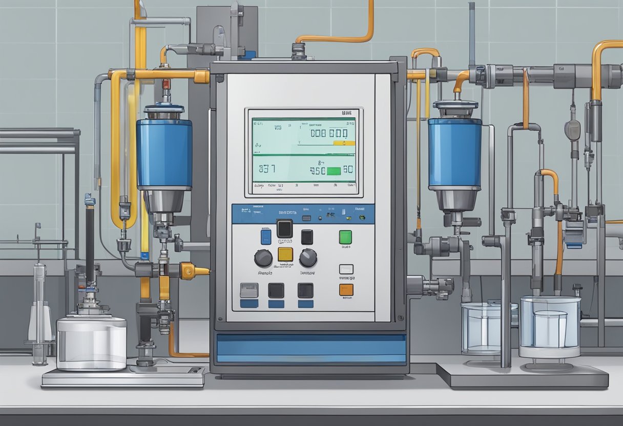 A heat flow meter apparatus sits on a lab bench, with sensors and a control panel. The method involves measuring heat transfer through a sample material