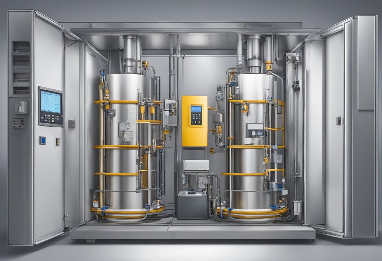 A battery is placed inside a calorimeter chamber. The chamber is connected to monitoring equipment with wires and sensors. The battery is being tested for its performance and heat generation