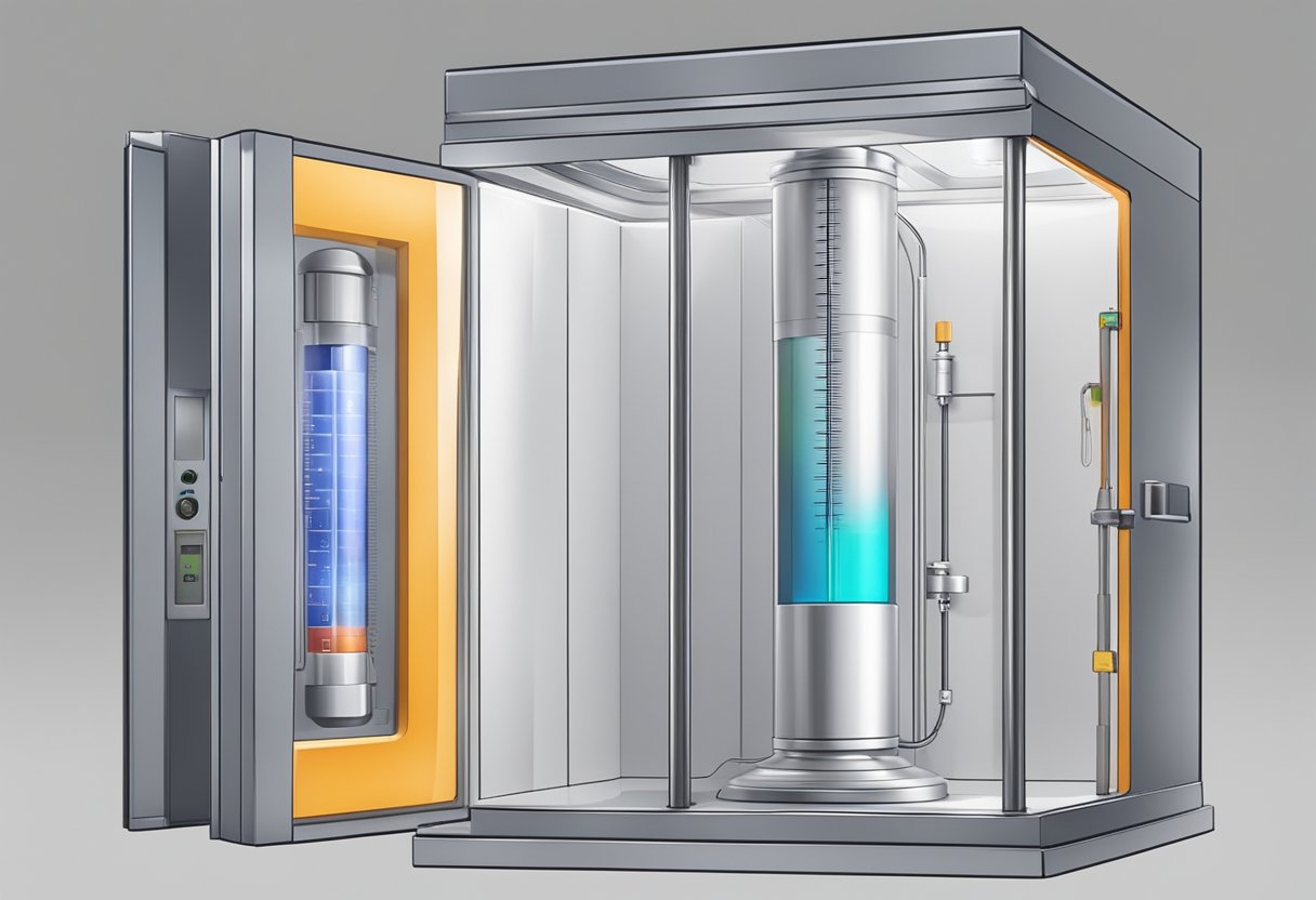 A closed chamber with insulated walls and a thermometer inside, measuring the temperature change during a battery's chemical reaction