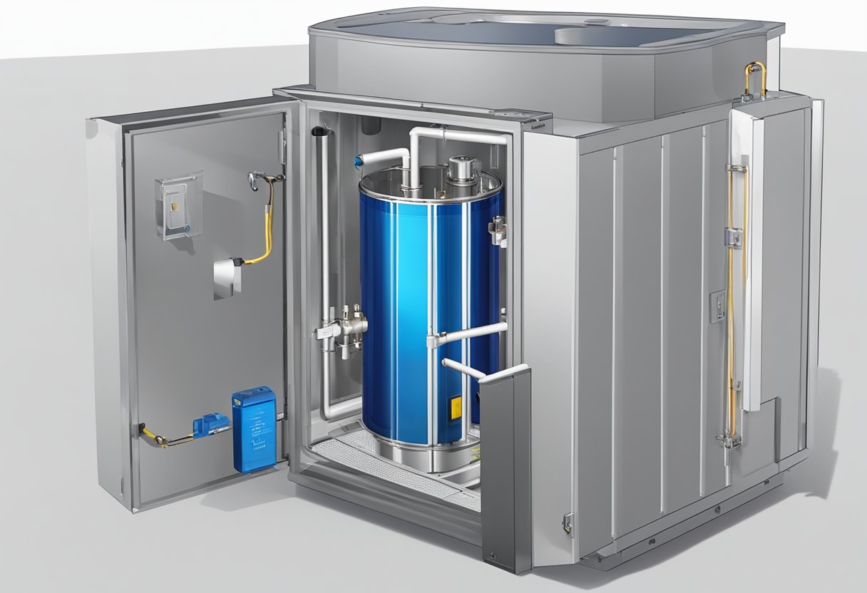 A battery adiabatic calorimeter is set up with a battery placed inside a well-insulated chamber. Temperature sensors and data collection equipment are connected to the chamber