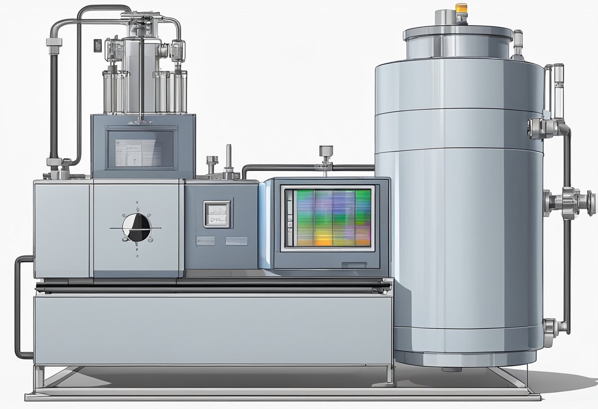 A battery is placed inside a thermal hazard evaluation adiabatic calorimeter. The machine measures and analyzes the heat generated during the battery's operation