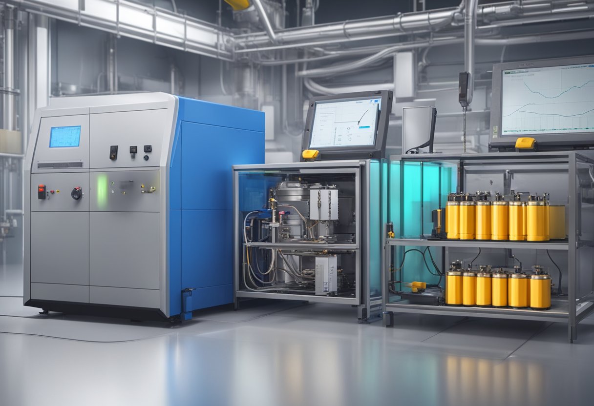 A battery undergoes thermal runaway testing in a controlled environment, with instruments monitoring its temperature and reactions