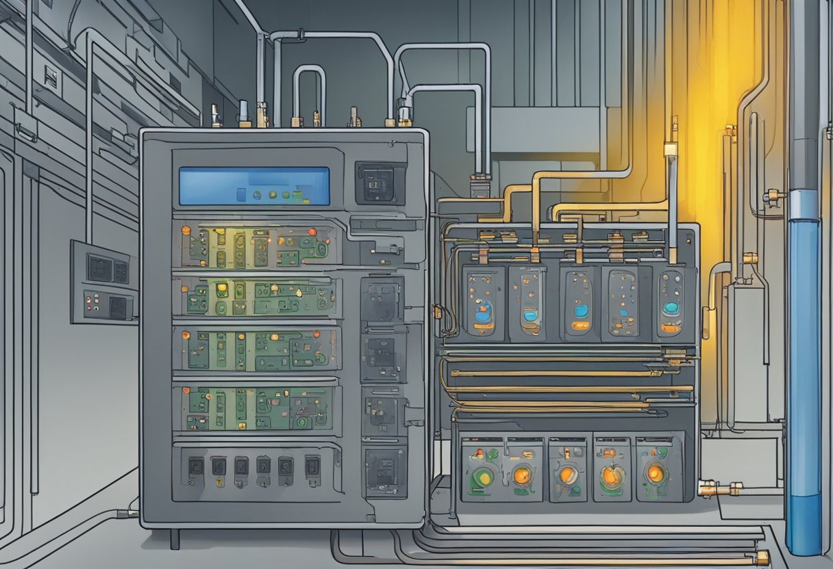 A circuit board is subjected to extreme heat and cold in a thermal abuse testing chamber. Temperature indicators show the fluctuating levels as the board endures the rigorous conditions