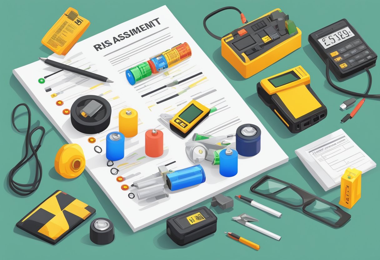 A table with various batteries, hazard signs, and a checklist for risk assessment