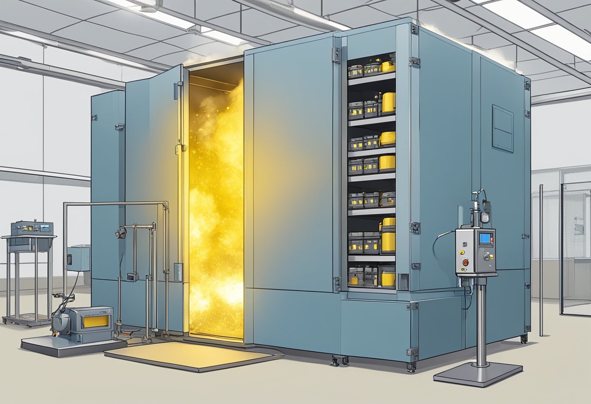 A lithium battery is being subjected to an explosion test in a controlled laboratory environment. The battery is placed inside a protective chamber as it undergoes the test