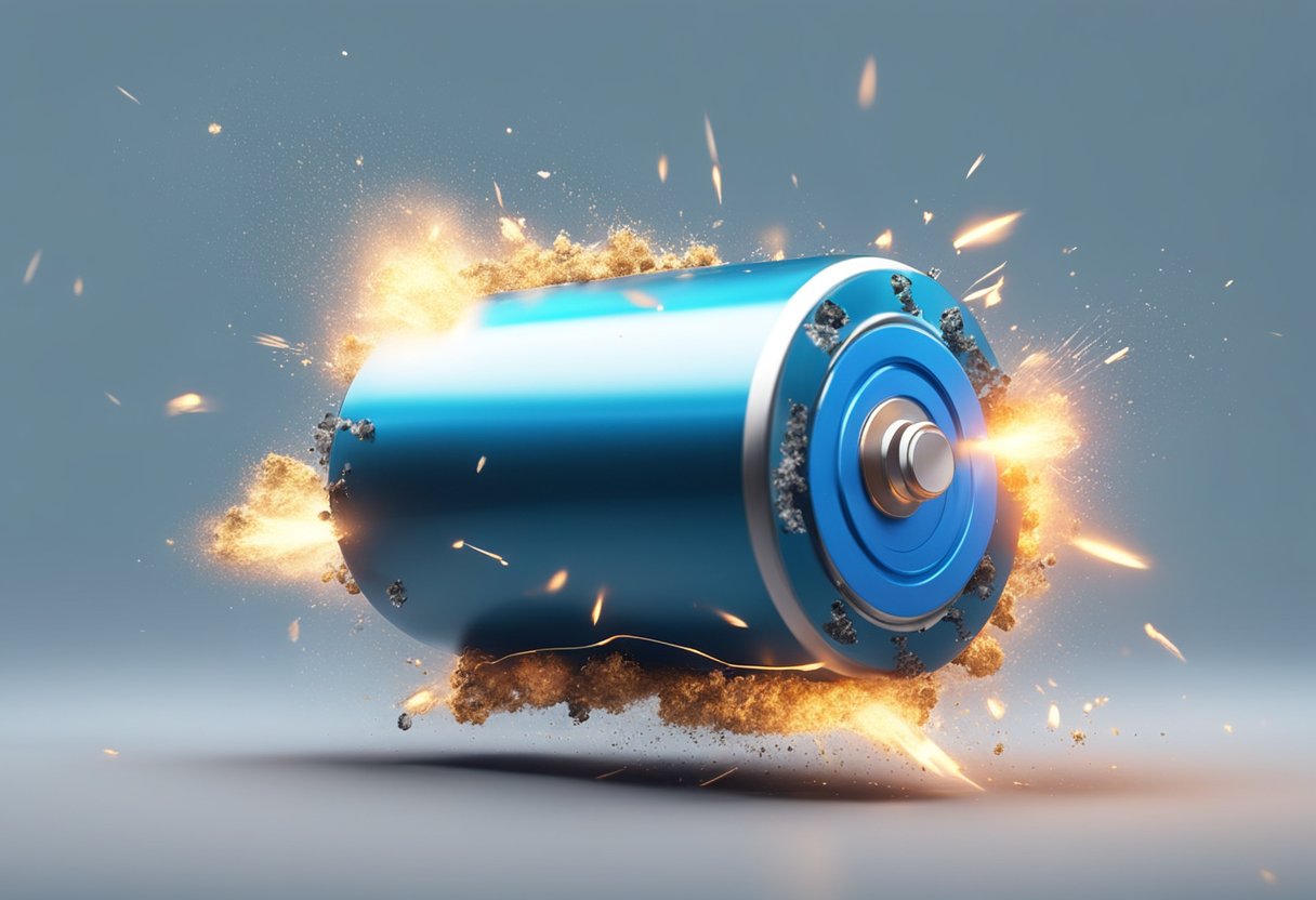 A lithium battery explodes, emitting sparks and flames in all directions. Debris scatters as the explosion creates a burst of energy