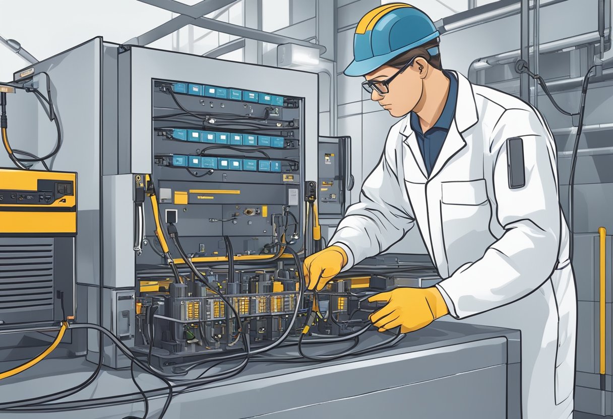 A technician connects cables to an electric vehicle battery for abuse testing in a controlled laboratory environment