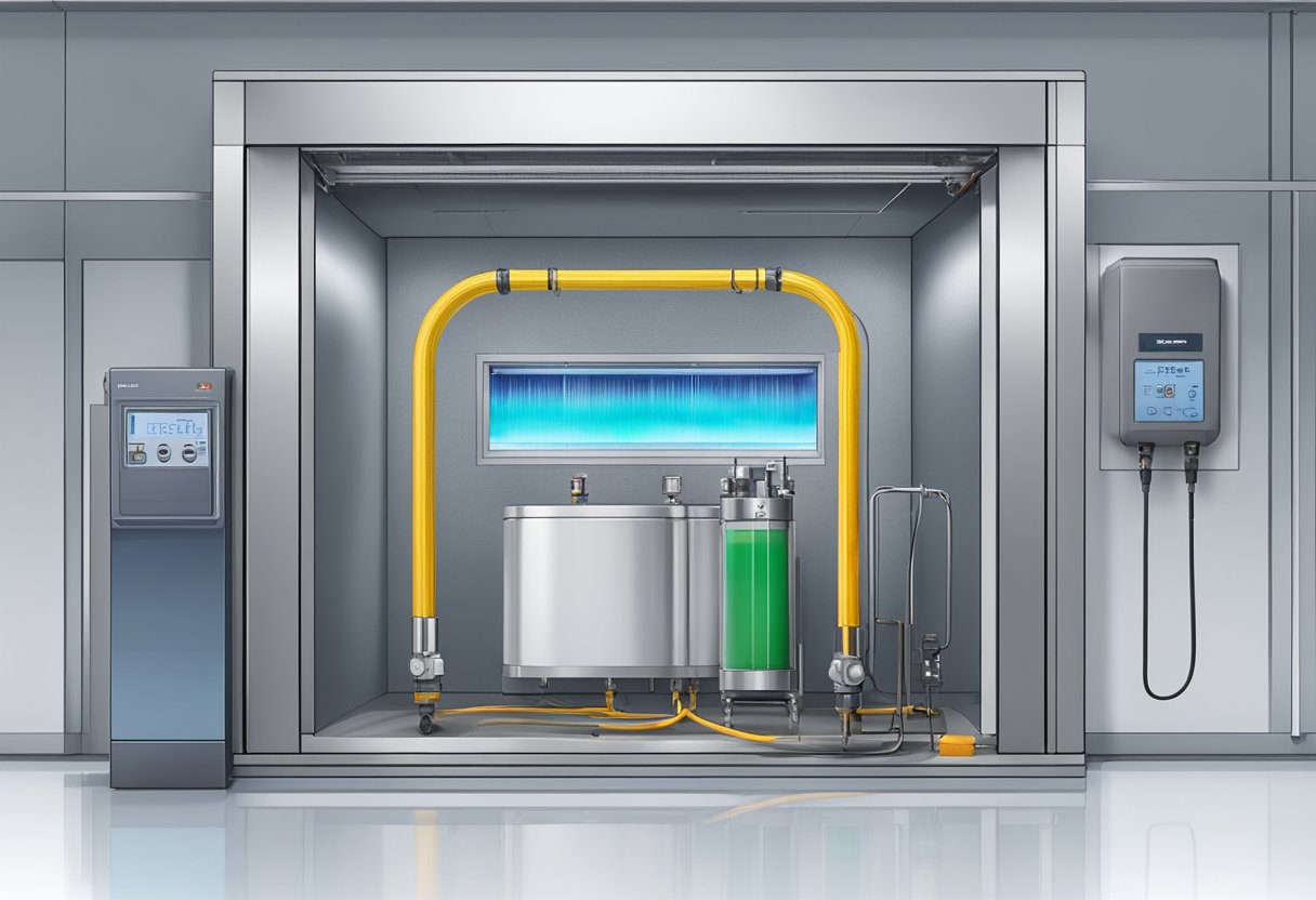 EV battery being subjected to extreme conditions in a testing chamber. Temperature, pressure, and impact tests being conducted