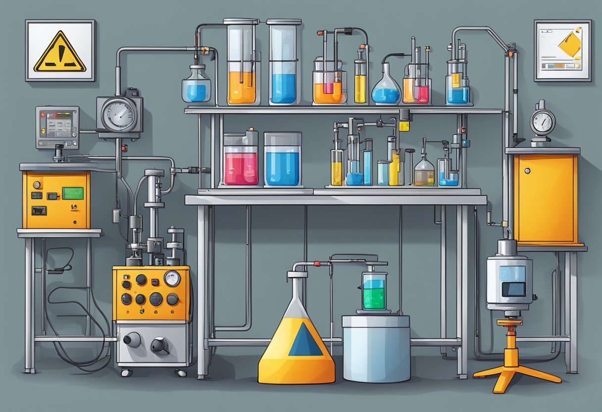 A laboratory setup with thermal testing equipment and hazard warning signs