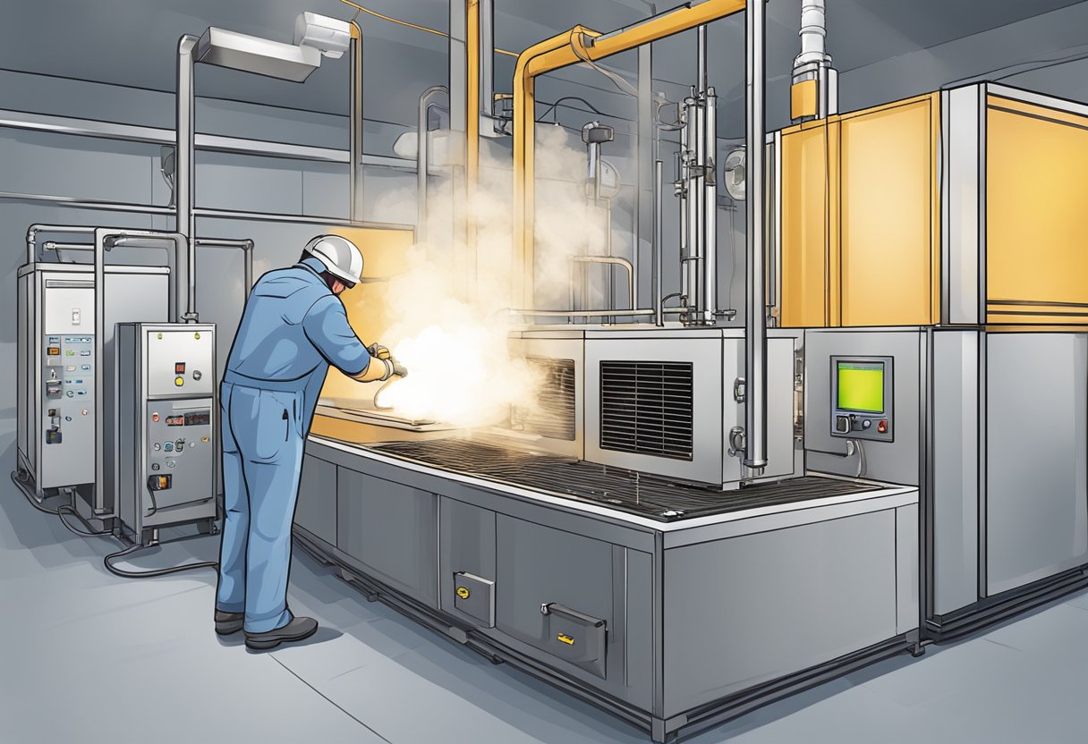 A thermal hazards tester releasing high-temperature steam in a controlled environment